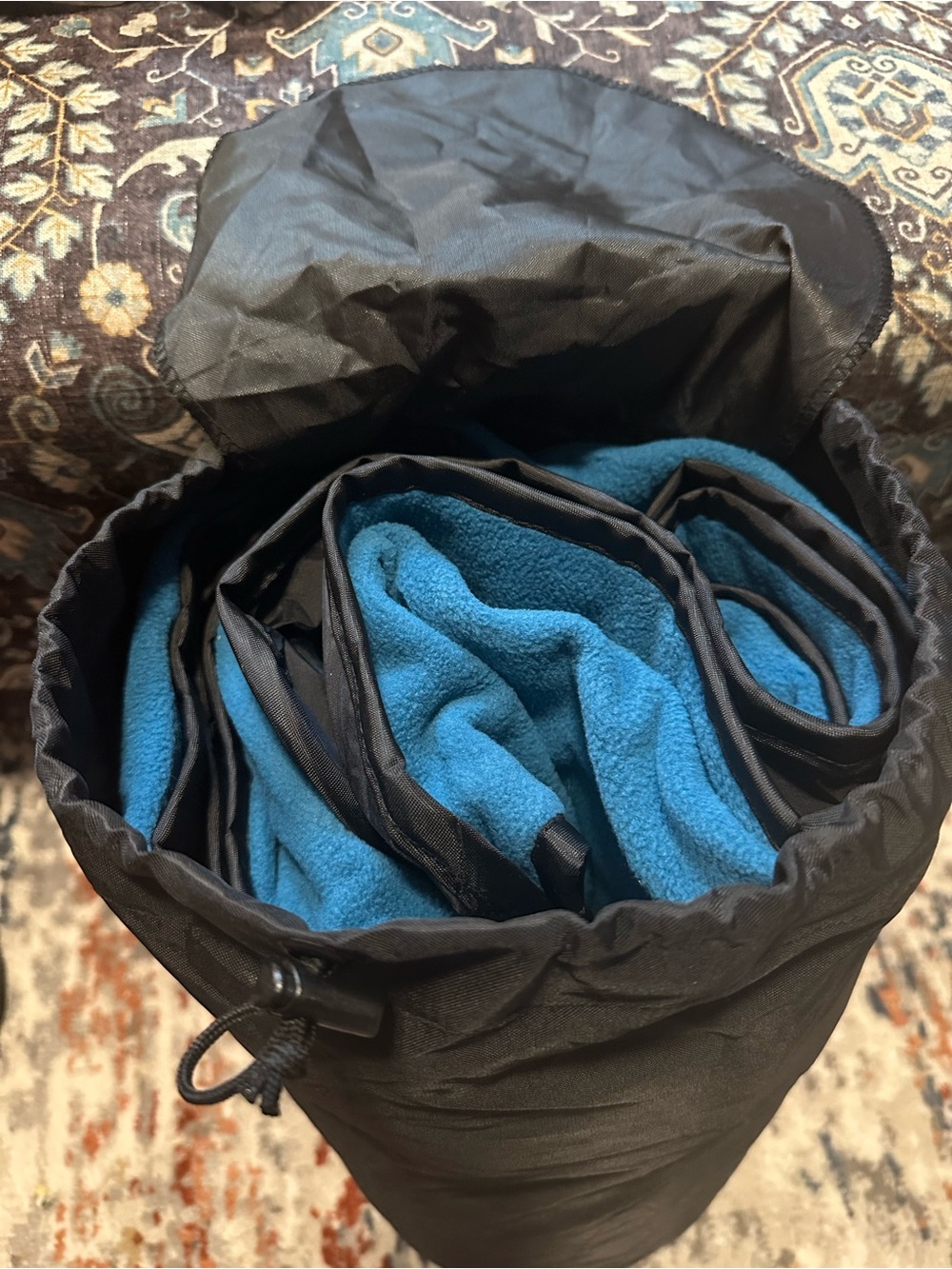 Blue Fleece Lined Picnic Blanket in Black Stuff Sack